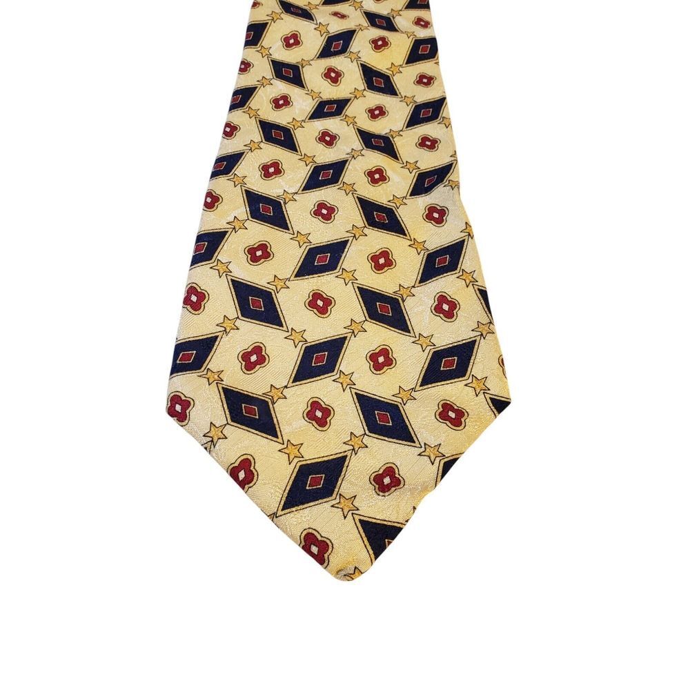 Tommy Hilfiger Neck Tie Mens Cream Blue Red Diamonds Stars Italian Silk Business